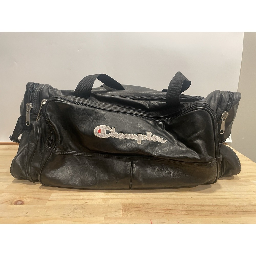 Vintage 90s Champion Leather Duffel Bag Black Soft Zipper Embroidered READ